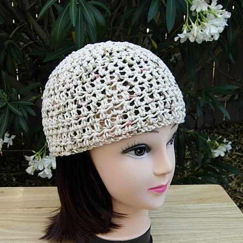 Brown Beige Cotton Crochet Knit Hat 