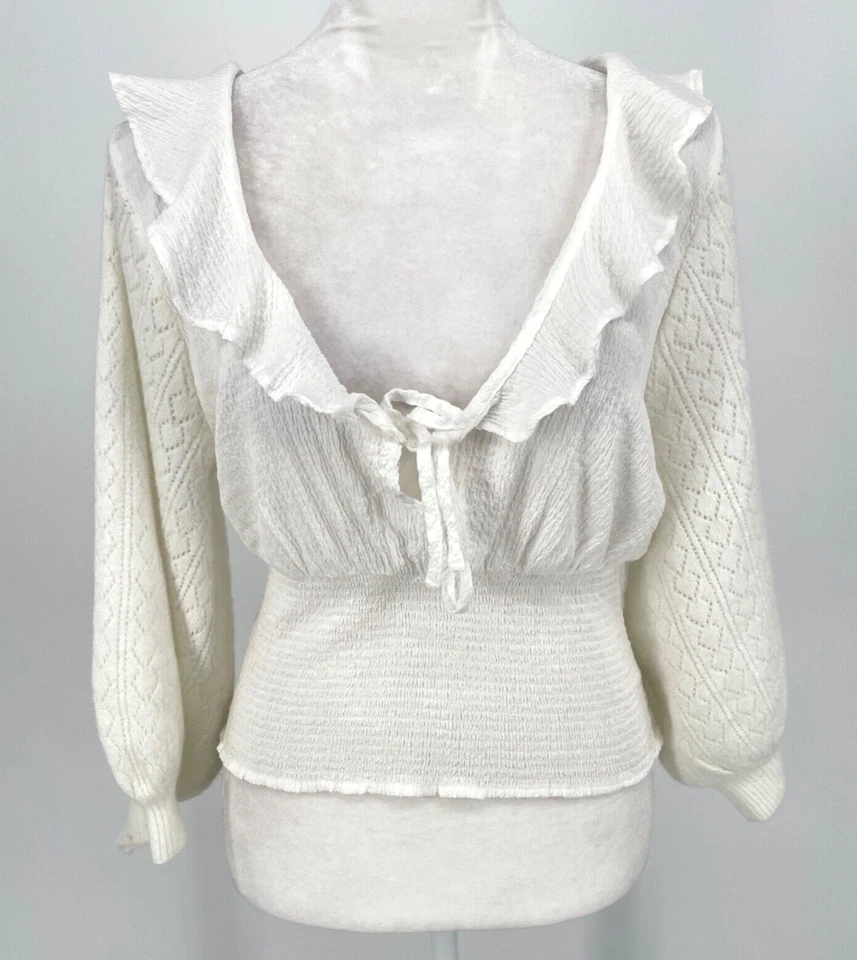 Free People Womens S Billie Sweater Top Ivory Smocked Wool V-Neck balloon Sleeve - Image 2 of 4