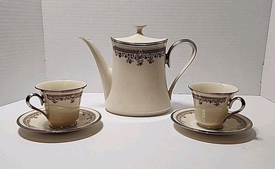 Vintage Lenox Lace Point Lidded Coffee Pot With Two Cups and Saucers