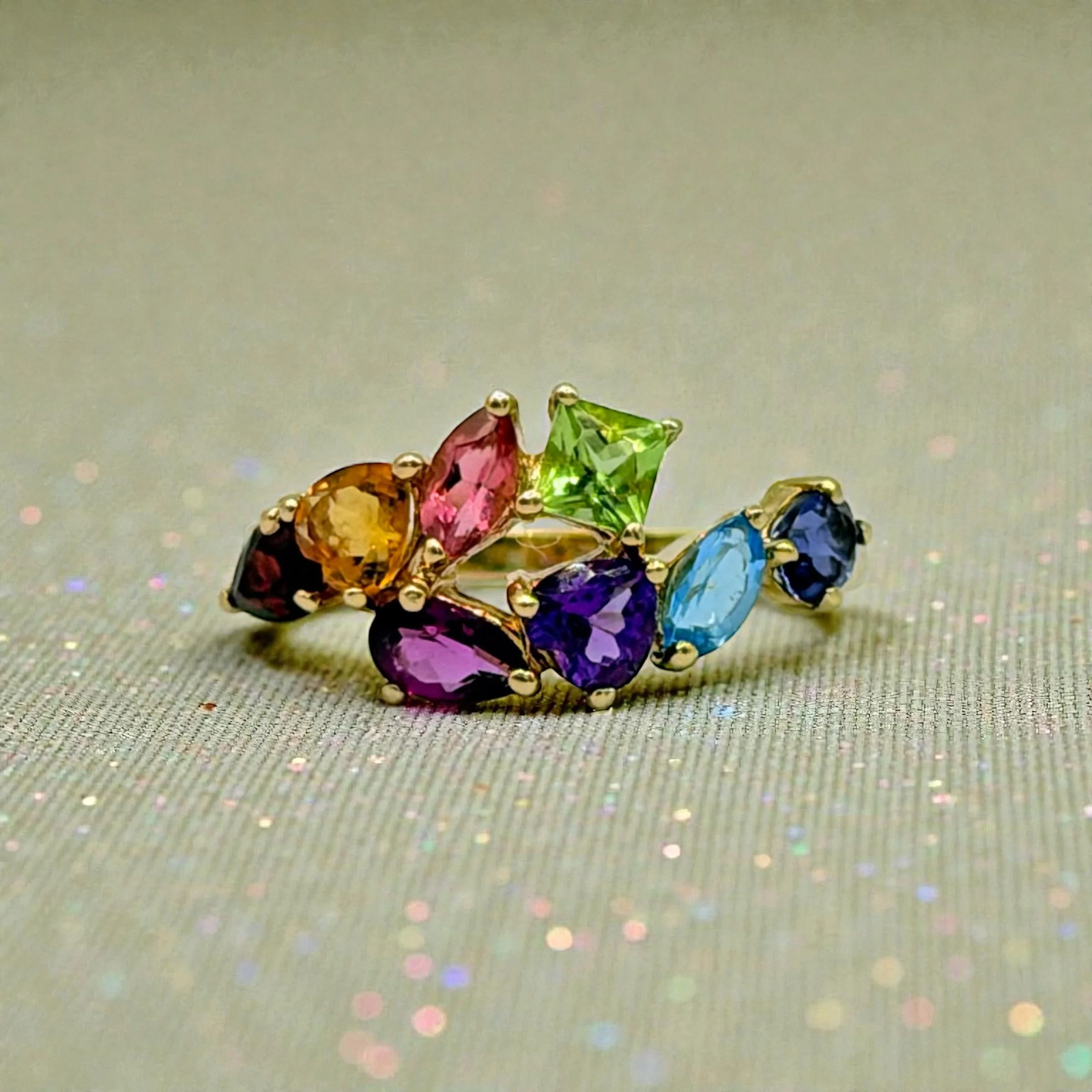 Solid 14K Yellow Gold Multi-Gemstone Ring with Em… - image 5