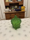 Vintage Jeanette Harvest Grape and Vine Green Footed Candy Dish With Lid