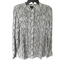 TALBOTS snakeskin gray white print pleated button front office siren blouse sz M