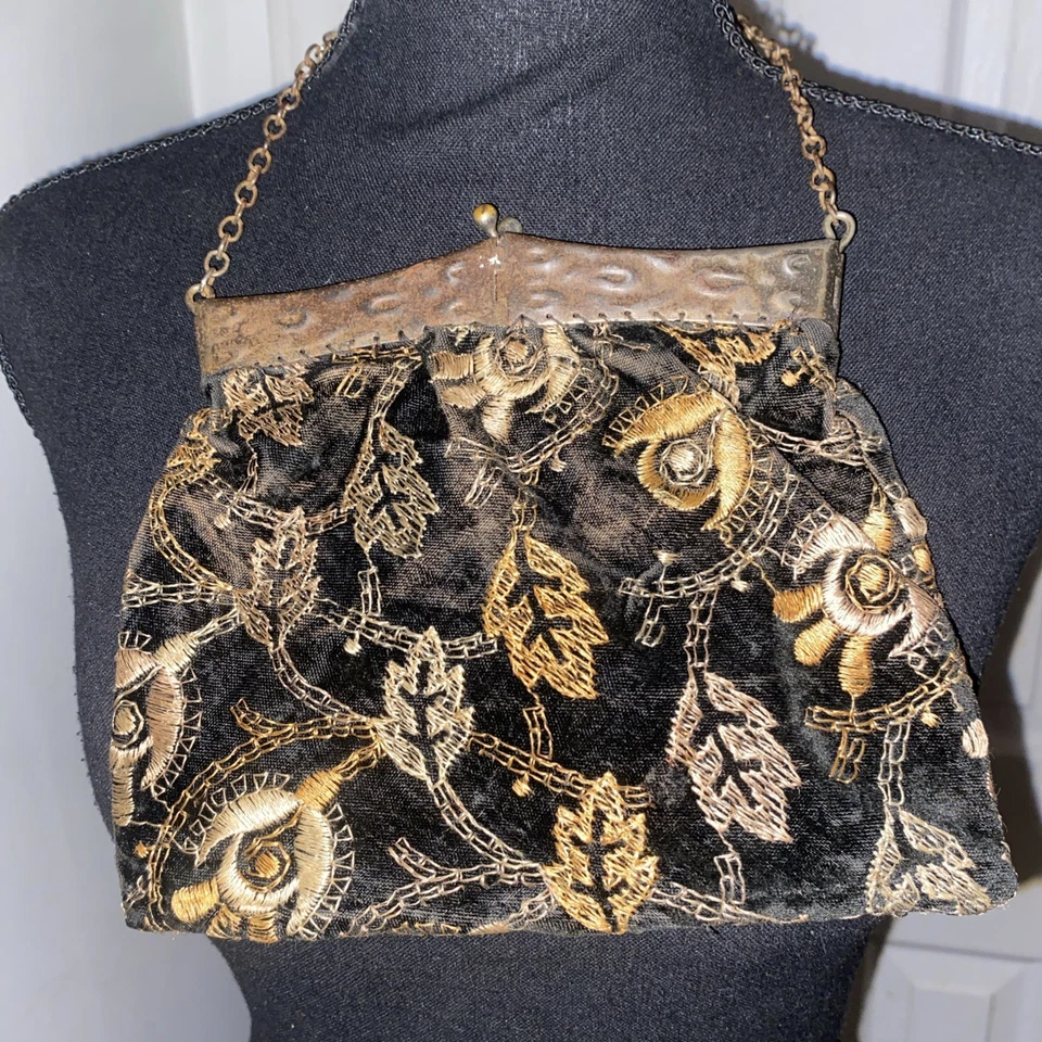 Antiguo Vintage Años 20 30 Terciopelo Floral Otoño ~ Bolso Monedero Joyas Cierre Triángulo Foto 2 de 4