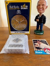 Bob Uecker memorabilia collectors set: bobblehead, pin, card, alarm clock