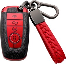for Ford Key Fob Cover Soft TPU with Leather Keychain Case Shell A Red