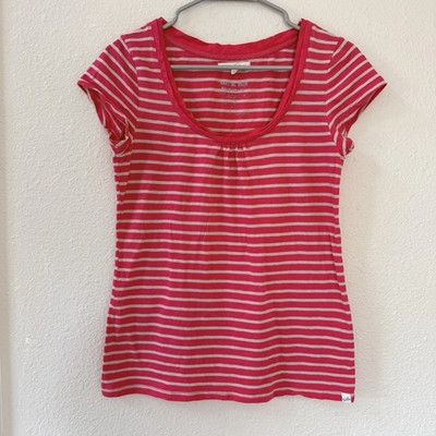 White Stuff Striped Top Womens 10 Pink White Scoop Neck Cap Sleeve Tee Y2K Indie