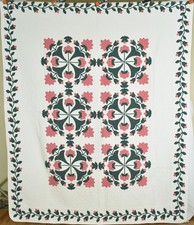 Beautiful Vintage 40's Whig Rose Applique Antique Quilt DENSE HAND QUILTING 