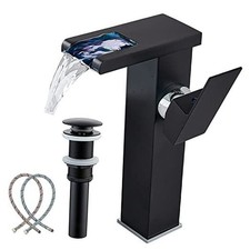 Black Bathroom Faucet Vessel Waterfall Open Spout LED Light 3 Tall Matte Black