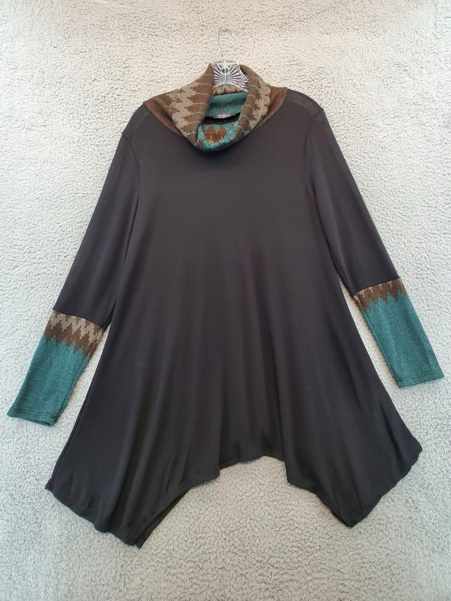 GIBIU USA Black Boho Tunic Top L Cowl Neck Asymmetrical Hem Southwestern Trim