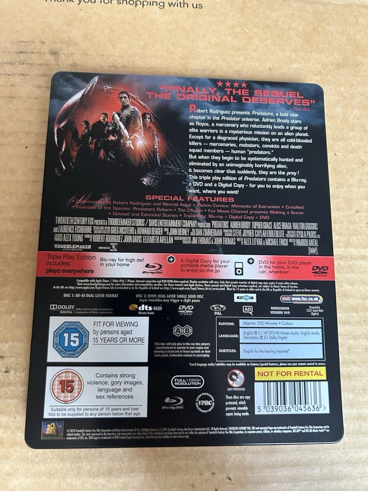PREDATORS BLU-RAY & DVD STEELBOOK (LTD ED.) PLAY.COM EXCLUSIVE - LIKE NEW - Image 2 of 4