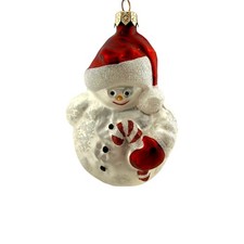Snowman Ornament Vintage Glass Glitter Candy Cane Santa Hat 5" Unbranded