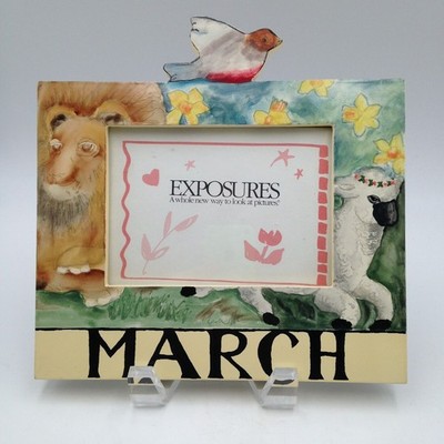 Exposures March Wood Picture Frame 3x5 Hand Painted Lion Lamb Bird 1998 Vintage