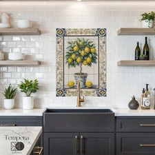 Lemon tree tiles mural, lemon blossom tiles decor, Tuscan lemon tree wall tiles
