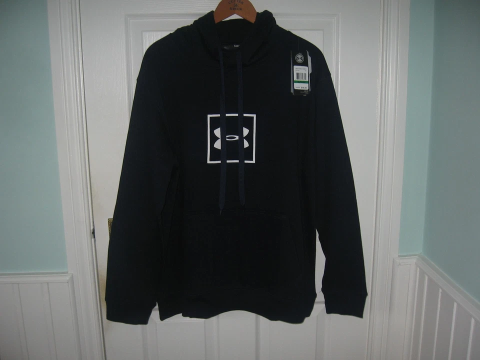 BNWT MENS UNDER ARMOUR RIVAL FLEECE BOX LOGO HOODIE XL NAVY KANGAROO POCKET - Image 3 of 4