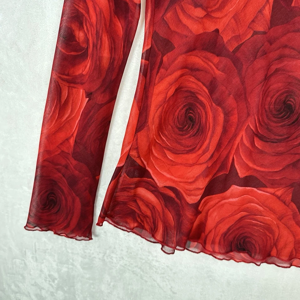 芒果上衣女式 S 红色玫瑰花卉雪纺蝴蝶结仙女垃圾 Y2K 浪漫 — 第 4/4 张图片