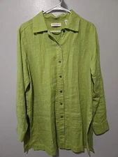 Valerie Stevens Separates Green button-up shirt womens size L large 100% linen