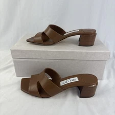 Jimmy Choo Allison Mule 45 Leather Heel Slide Camel Brown Tan Sz 36.5 6.5
