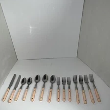 Lifetime Peach Stainless Spoons Forks Knives Rivets Korea Flatware LOT OF 14