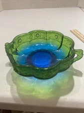 Vintage Jeanette Aztec Rose Double Handle Footed Blue Green Glass Candy Dish JT