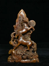 7.6" China Boxwood Carving Feng shui 12 Zodiac Year Animal Horse Mountain Statue