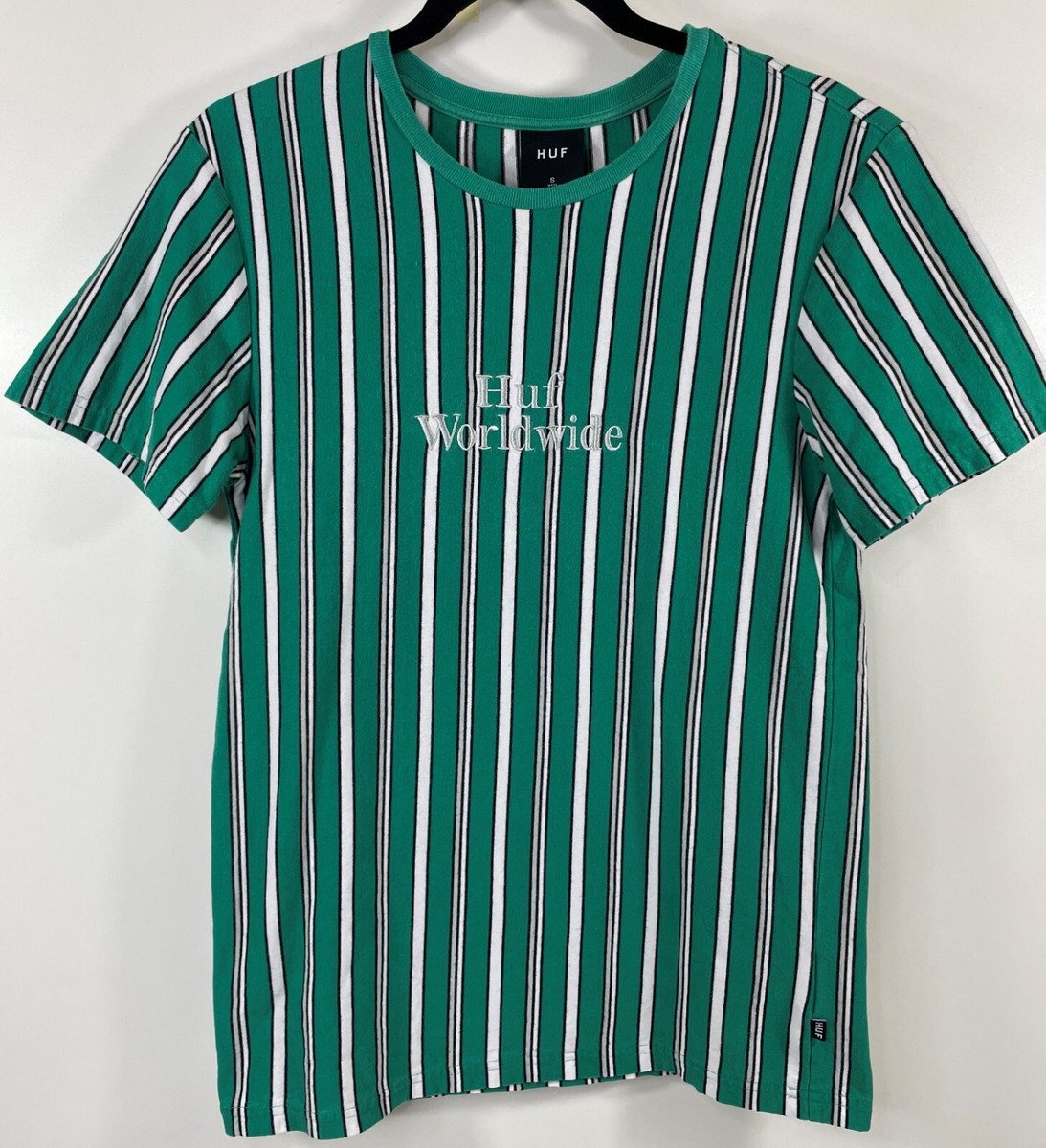 HUF Worldwide Mens Size S Crew Neck Embroidered T-Shirt Striped Skate Green