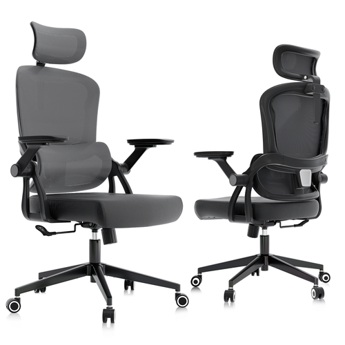 High-Back Computer Chair with Headrest, Adjustable Lumbar Support, Flip Arms