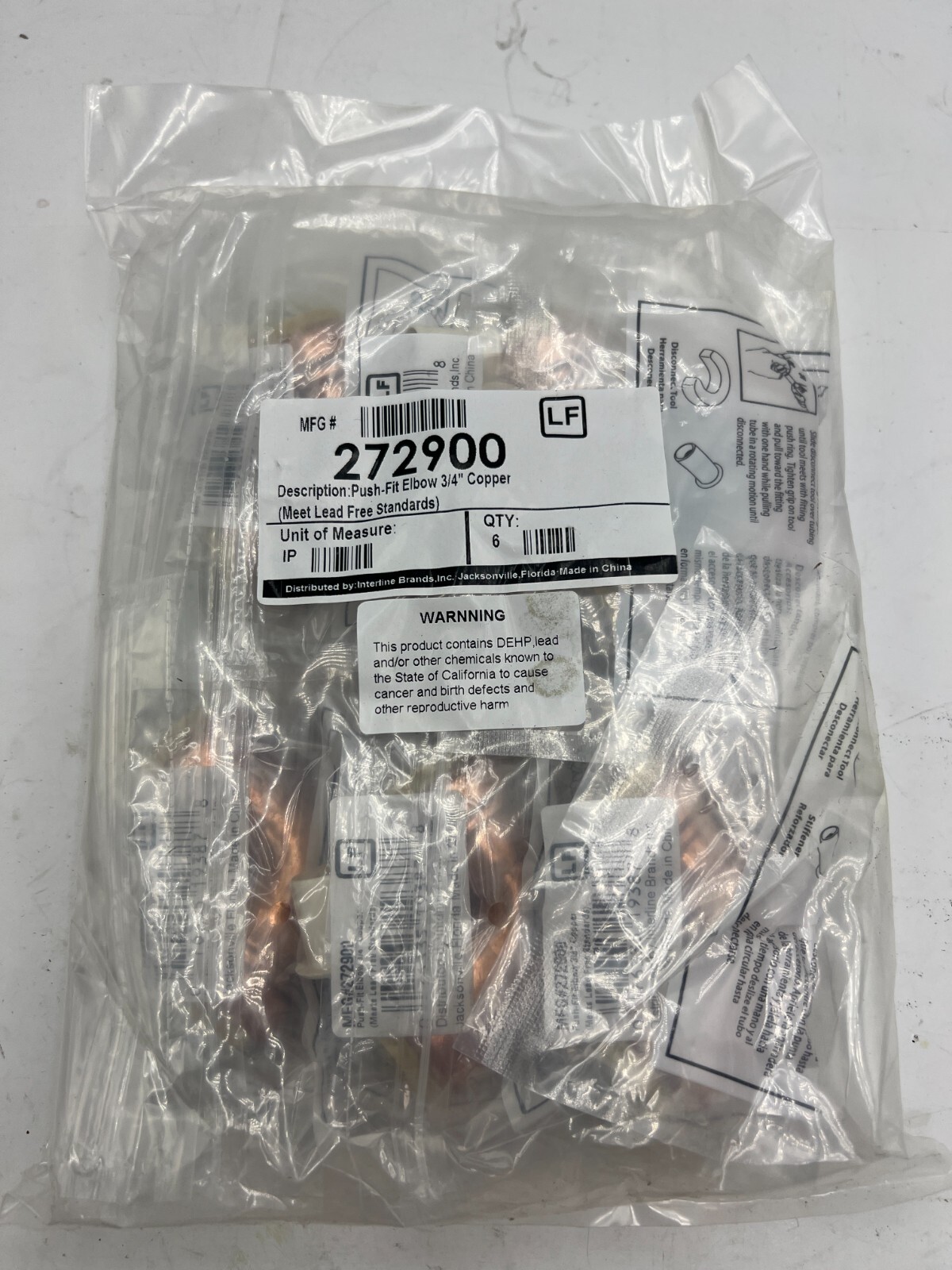 (Pack of 6) Interline 272900 Push Fit 3/4" x 3/4" 90 Degree Elbow Copper