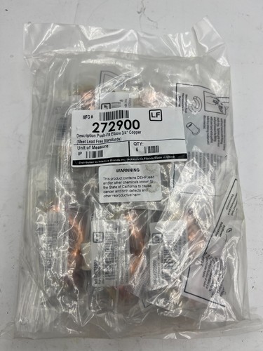 (Pack of 6) Interline 272900 Push Fit 3/4" x 3/4" 90 Degree Elbow Copper