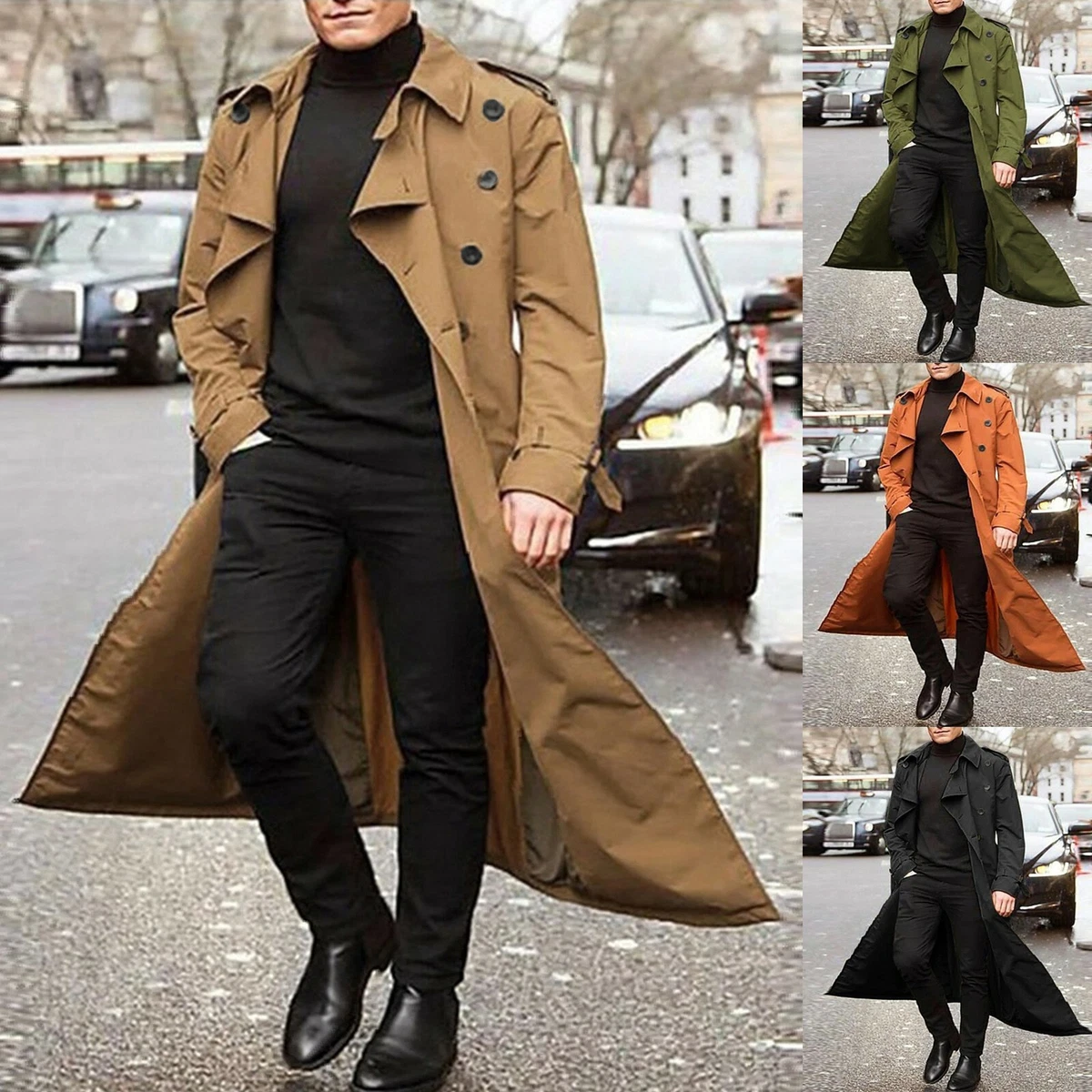 Mens Winter Trench Coat Long Jacket Lapel Neck Outwear Single Breasted  Overcoat 