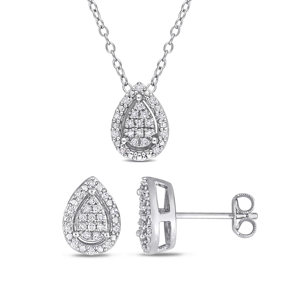 Conjunto de brincos, pingente e corrente em forma de pera de diamante de prata esterlina Amour