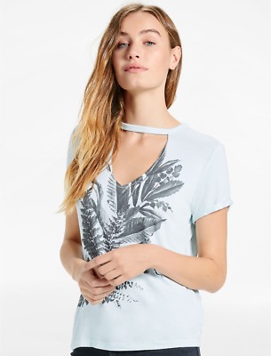 Lucky Brand Womens Choker Tee Large Gray Scale Floral Top Cuffed Sleeves 