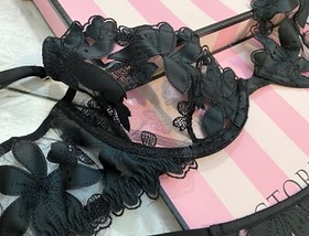 Victoria's Secret LUXE Unlined Appliqu&eacute; Embroidered Demi Brazilian Bra Set Black