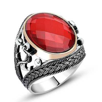Bague Chevalière Homme Argent Massif 925 Ancre Marin Zircon Rouge