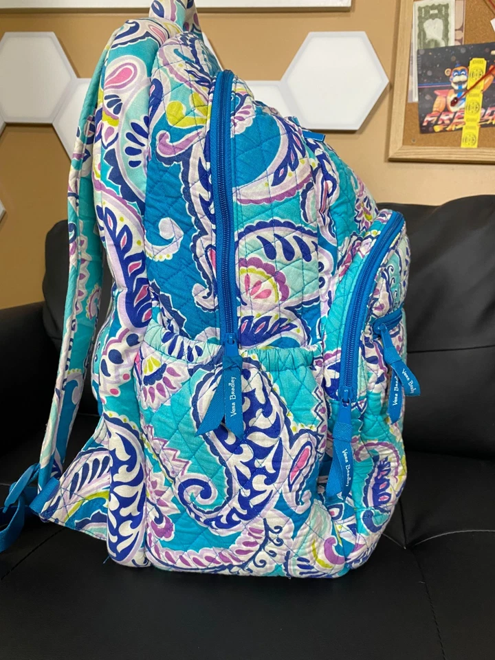 Рюкзак Vera Bradley стеганый хлопок — синий с цветочным принтом пейсли — 17 дюймов ЧИСТЫЙ! - Изображение 4 из 4