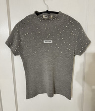 Miu Miu Gray Knit Pullover Sweater Pearl Accents Short Sleeve NWT XS