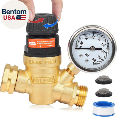 RV Water Pressure Regulator Valve with Handle Adjustable, Silicone Oil Gauge, Do