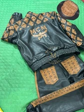 Vintage MCM Black Leather Tracksuit Jacket Pants & Bucket Hat Set Monogram Logo