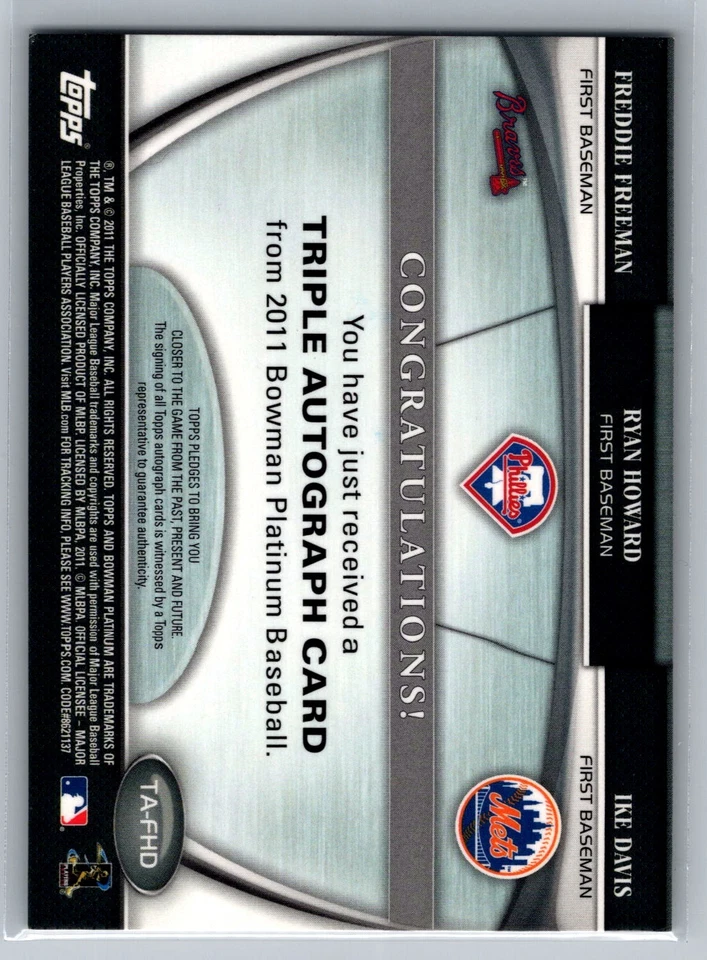 Bowman Platinum 2011 #TA-FHD Freeman/Howard/Davis triple automático #/89 Foto 2 de 2