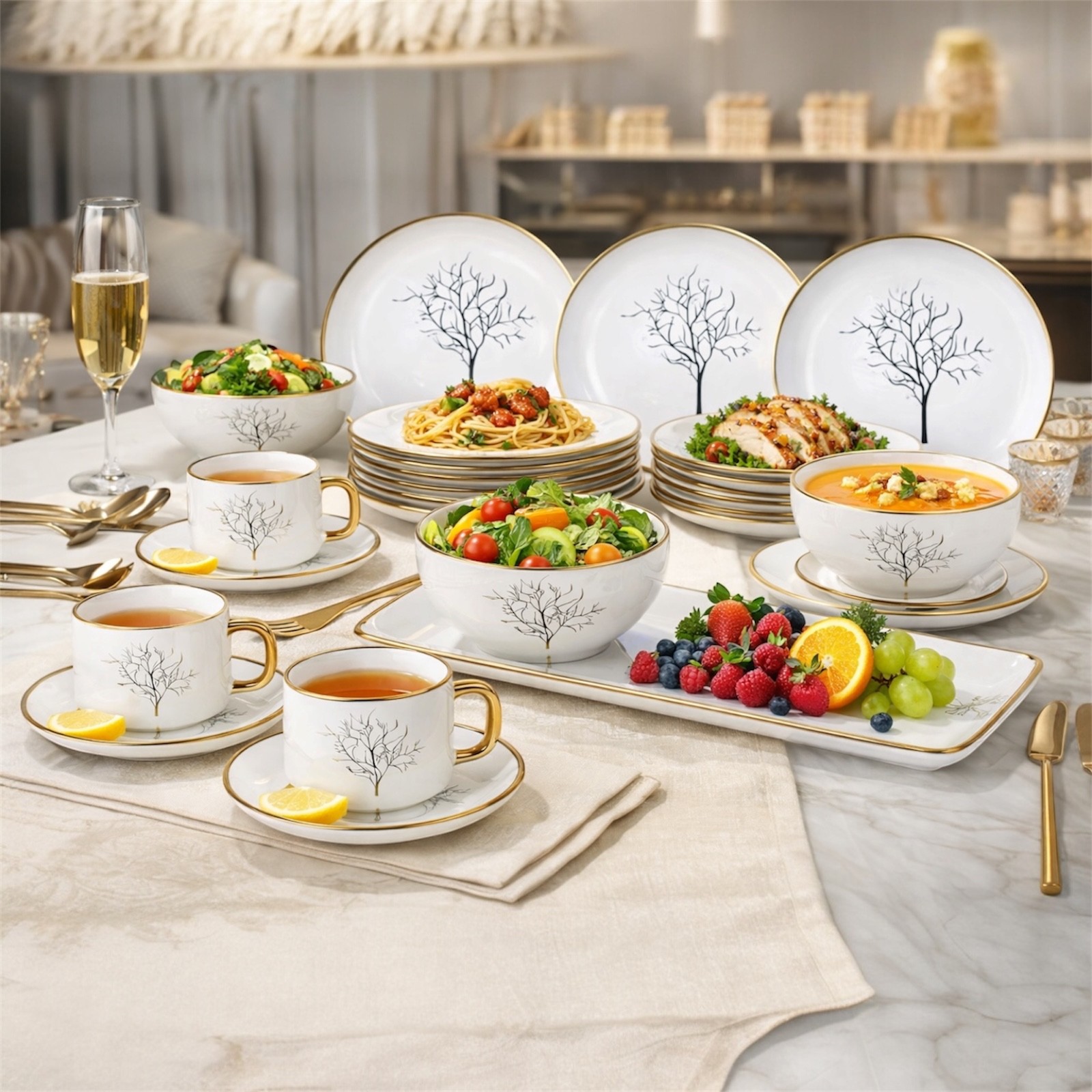 32-Piece Elegant Dinnerware Set for 6 &ndash; White Ceramic with Gold Rim | Plates,