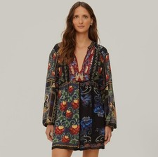 FARM RIO Mixed Arabesque Scarves Long Sleeve Mini Dress Size XS Boho Retail $260