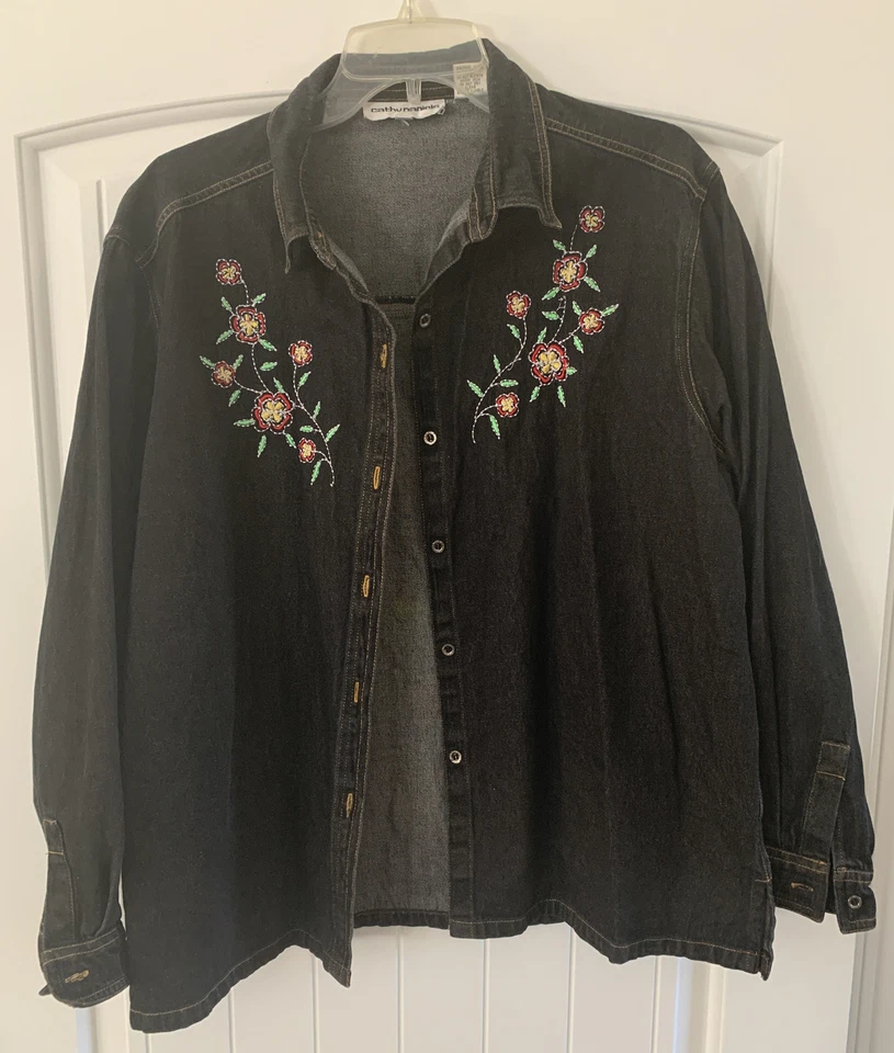 Cathy Daniels 100% Algodón L Negro Flor Bordada Chaqueta Vaquera Bonita Forma Foto 2 de 4