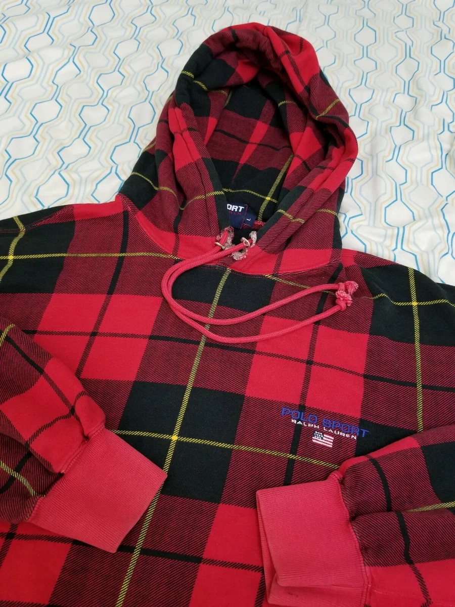 VTG 90s Ralph Lauren Polo Sport Plaid Hoodie Sweatshirt Red Black Spellout Large