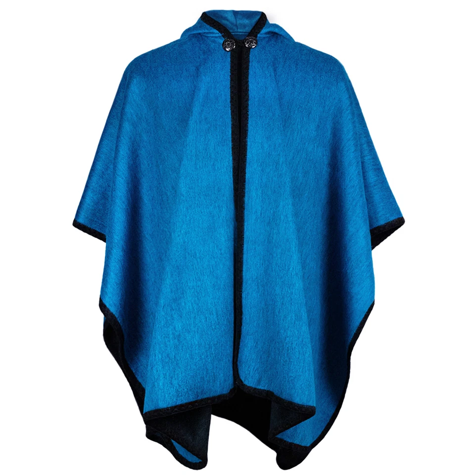 PONCHO CAPA CON CAPUCHA MEZCLA ALPACA DE LUJO | SUAVE Y CÁLIDO | UNISEX | AZUL Y NEGRO Foto 2 de 4