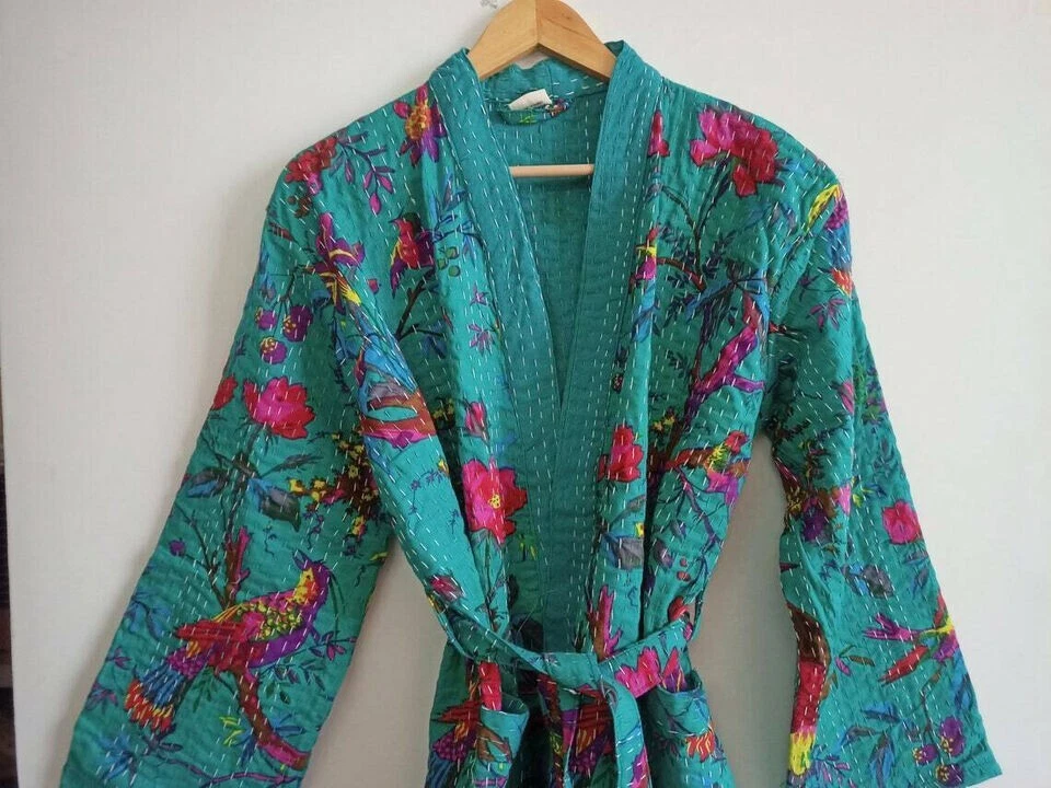 Hecho a mano verde estampado de pájaros kimono chaqueta de invierno bata Kantha vestido vintage Foto 2 de 4