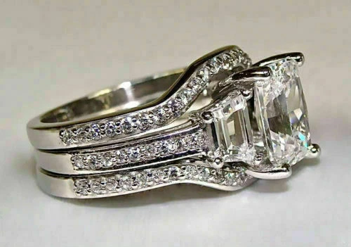 3Ct Radiant Cut Lab Created Diamond Engagement Trio Ring Set 14K White Gold Over - Image 3 of 4