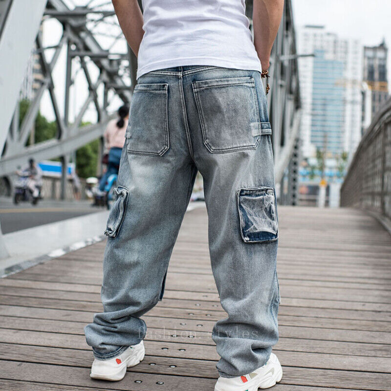QBO Men's Baggy Jeans Denim Sweatpants – Loose Fit Cargo Pants, US Size 38 / Tag 40, Cotton Comfort