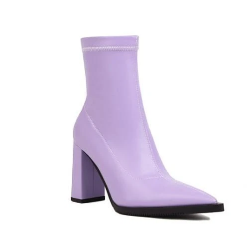 Women s High Chunky Heel Pointed Toe Ankle Boots Shoes Side Zipper Purple