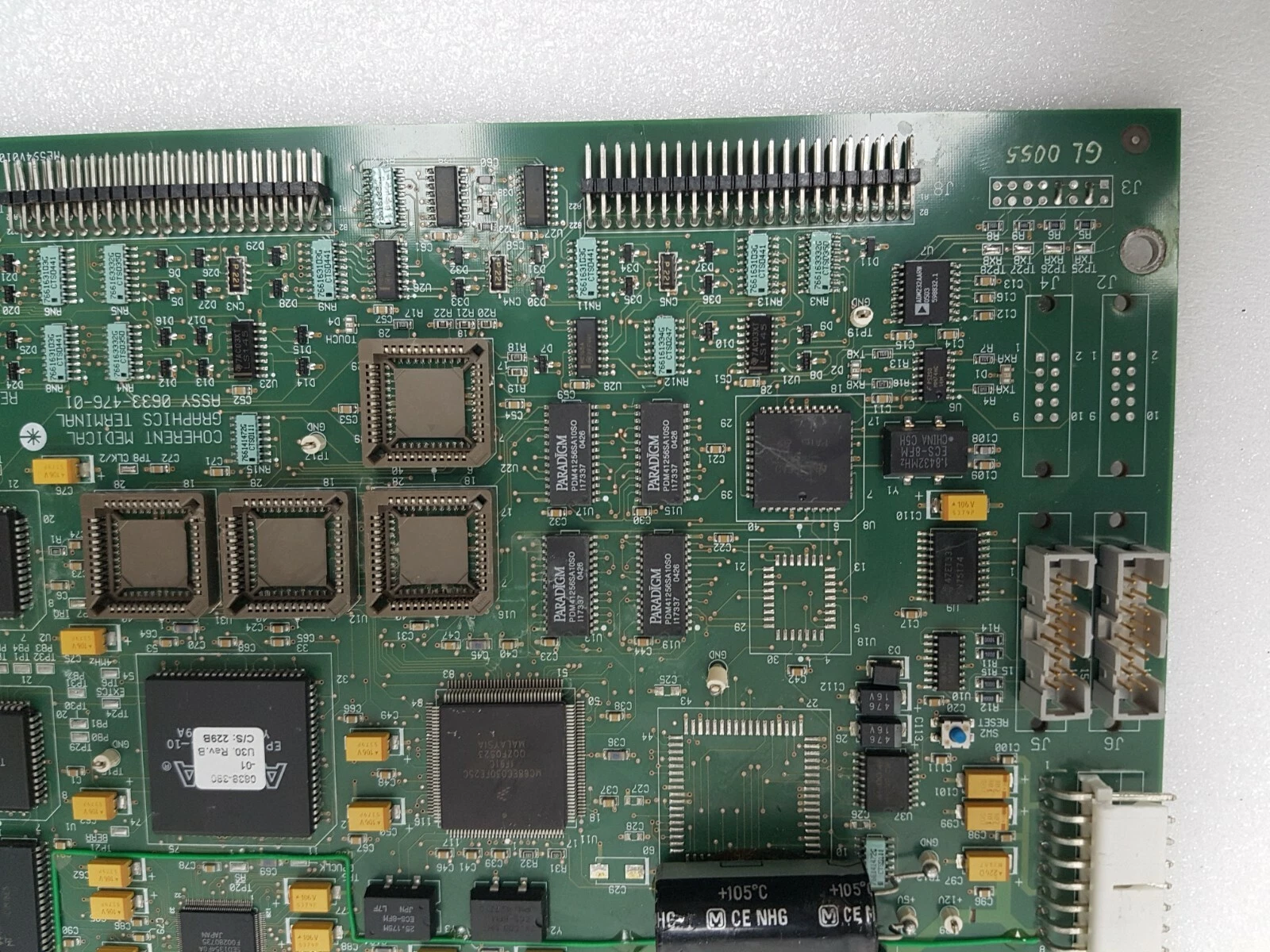 Edge with J8 and J9 pin headers, J2 to J4 and serial interface area of the Graphics Terminal board