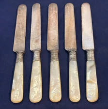 1855 Meriden Cutlery Co. Knives Pearl Handles W/Sterling Silver Bands Lot Of 5