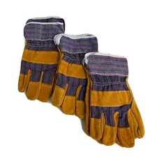 Work Gloves Safety Cuff Brown/Blue 3 Pairs Glove Pack Medium